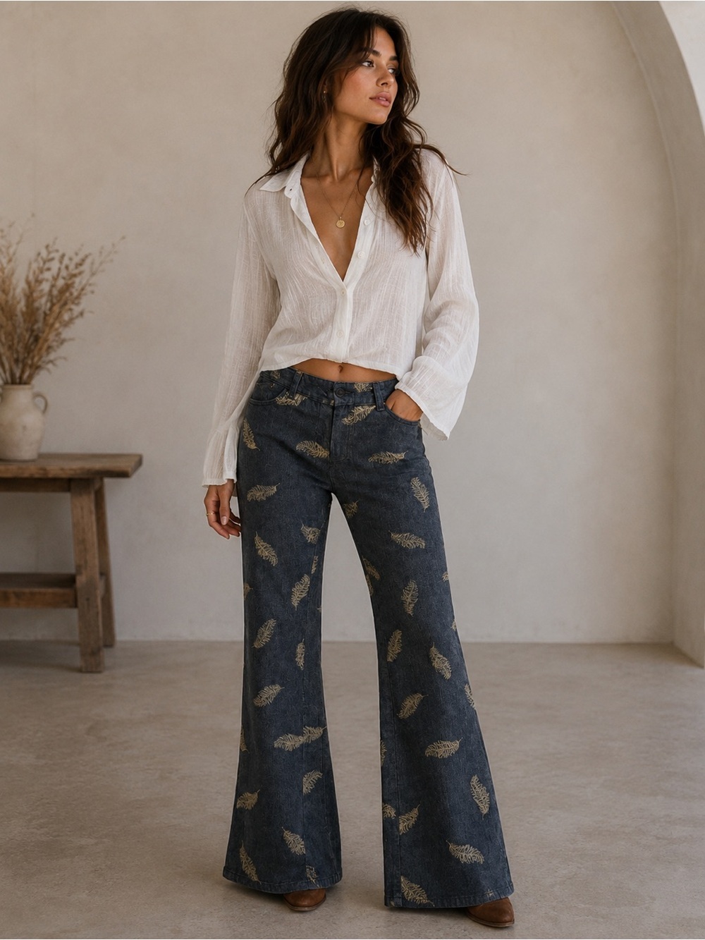Vintage Y2K Blue Flare Jeans with Gold Leaf Pattern Size XS 2-4 Boho Festival